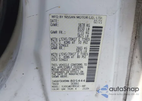 2021 Nissan Nv Cargo Nv1500 S Standard Roof V6 z USA, uszkodzony, nr VIN 1N6BF0KM9MN805444